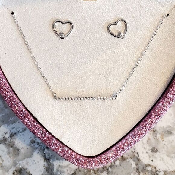 Giani Bernini 2-Pc. Set Sterling Silver CZ Bar Necklace & Heart Stud Earrings - Picture 2 of 5